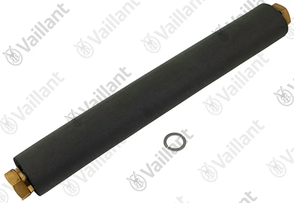 Schwarzes Wellrohr von Vaillant mit zwei Metallanschlüssen, das für Verbindungselemente oder Zubehör in Heizungs- oder Sanitärinstallationen verwendet wird.